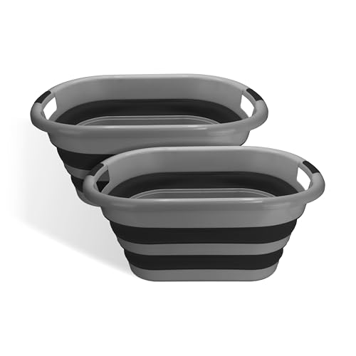 Image of BROOKSTONE Collapsible Laundry Basket Set, Modern Medium Collapsible Basket Set, Comfort Non-Slip Grip Handles, Minimalist Space Saving Design, Portable Pop-Up Hamper, BPA FREE, Dark Grey, 2 PACK
