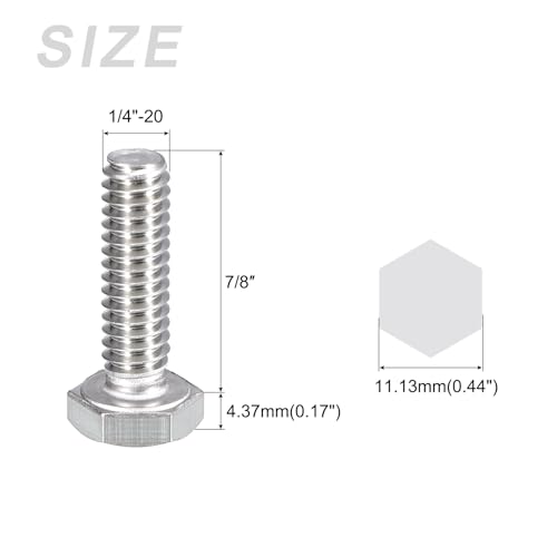 Image of METALLIXITY Hex Head Bolts (1 /4-20 x 7 /8 inch) 25Pcs, 304 Stainless Steel 18-8, Fully Threaded, External Hex Drive, Plain Finish, Hex Head Screw Bolt, Silver