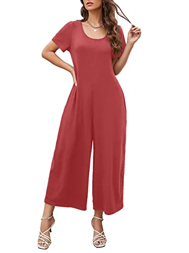 Qnasey Women's Summer Loose Crewneck Jumpsuits Short Sleeve Solid Color Rompers Loungewear With Pockets Large Pink #TOP2