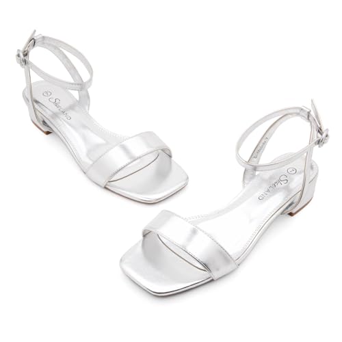 Image of Shoe Land Low Heels for Women 1 Inch Chunky Block Heeled Sandals Square Open Toe Strappy Ankle Strap Dressy Sandals for Wedding Prom Party Office