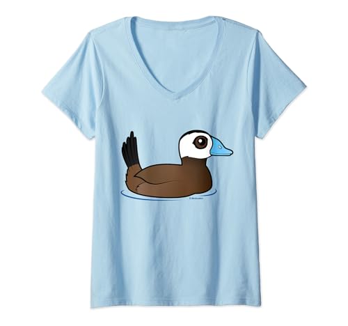Womens Cute Cartoon White-headed Duck Birdorable Waterfowl Species V-Neck T-Shirt