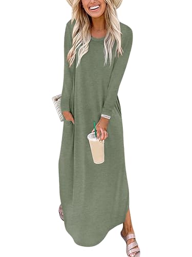 ANRABESS Women's Long Sleeve Maxi Dresses 2025 Fall Outfits Casual Loose Split Travel Vacation T Shirt Dress with Pockets Sage Green Large
