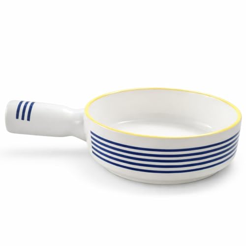 Image of Niyara Stoneware Handmade Ceramic Stylish Premium Serving Bowls /Salad Tray Microwave Dishwasher Safe (Blue Stripe Bowl with Handle)