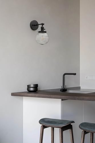 Image of PERMO Vintage Industrial Wall Sconce Matte Black Single Wall Sconces with 5.9 inch Round Clear Globe Ribbed Glass Shade Hardwired Wall Light for Bedroom Livingroom Office
