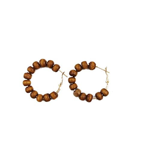 Vintage Woody Beaded Hoop Earrings - Handmade Wooden Drop Dangle Earrings - Retro Wood Rice Circle Earrings for Women Jewelry - D Brown Small
