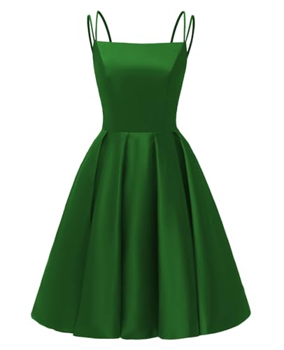 Image of Tianzhihe Satin Homecoming Dresses for Teens 2026 Spaghetti Straps A-line Square Neck Short Cocktail Party Dress with Pockets