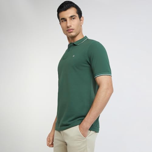 Image of Raymond Men's Modern Fit Solid Pattern Pure Cotton Polo Neck Half Sleeve Casual T-Shirt