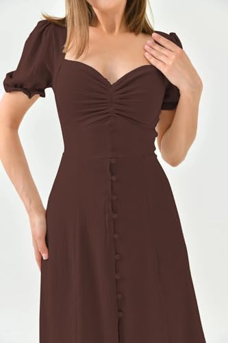 Image of Shasmi Girl's & Women's Solid Midi Dress - Elegant Square Neck Button-Down Dress with Puff Short Sleeves | Stylish Casual & Party & Office Wear Outfit (Dress 105)