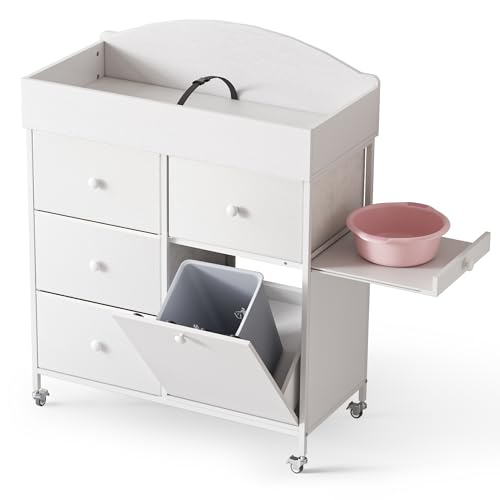 Image of DTK Baby Dresser with Changing Table Top,4-Drawers Changing Table Dresser with Tile-Out Trash Cabinet and Pull-Out Shelf,Diaper Changing Station with Waterproof Pad and Storage for Nursery,White