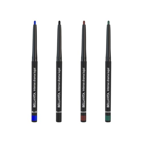 Image of BELLAVITA Intense Drama Waterproof Smudge Proof Kajal Combo with 4 Colors, Black, Green, Blue, Brown | Long Lasting, Enriched with Vitamin E & Almond Oil | Pack of 4