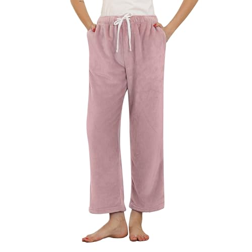 LYCY Womens Fleece Pajama Pants, Drawstring Lounge Pjs Plush Bottoms Warm Sleepwear with Pockets Comfy Winter (DUSTY PINK, M)