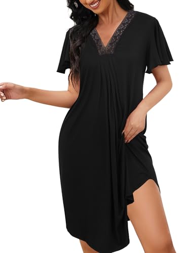Evolyline Nachthemd Damen Kurzarm, Schlafshirt Sommer Sleepshirt, V-Ausschnitt Nachthemden für Damen, Nachtwäsche Nachtkleid Frauen mit Rüschen-Ärmeln S-XL