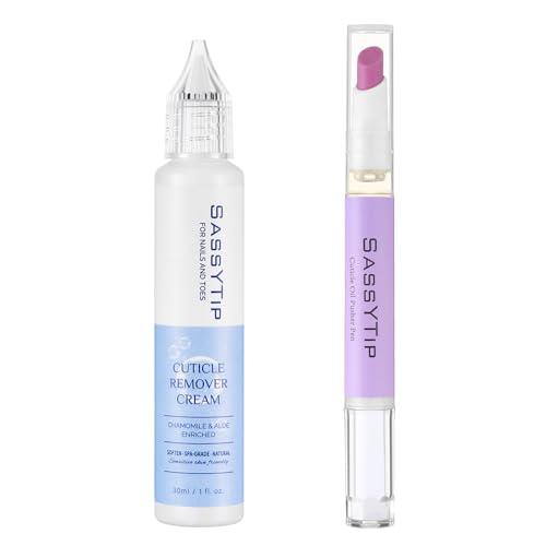 SASSYTIP Cuticle Care Kit - Cuticle Remover Gel (1oz) & Ceramic Pusher with Nourishing Oil Pen (2ml). Complete At-Home Manicure & Pedicure Set for Dry & Damaged Nails. Salon Results (Gel+Purple Pen)