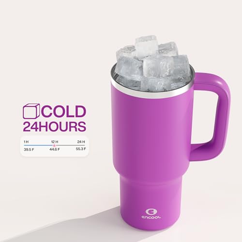 Image of 32 oz Tumbler with Handle and Straw: Stainless Steel Insulated Tumbler Keeps Cold for 24 Hours, Leakproof Travel Cup Fits in Cup Holder and BPA-Free,Bright Magenta