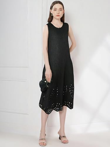 Summer Midi Dress for Women Round Neck Sleeveless Wrinkle-Free One Size Casual Outfits4