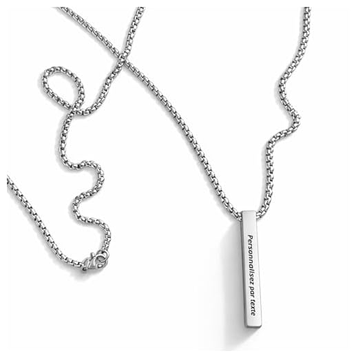 Sophon - Collier Personnalisé avec Gravure – Pendentif Barre Verticale 40mm en Acier Inoxydable – Chaîne Homme 60cm ou 70cm, Chaîne Femme 45+5cm – Cadeau Personnalisé Couple, Homme & Femme