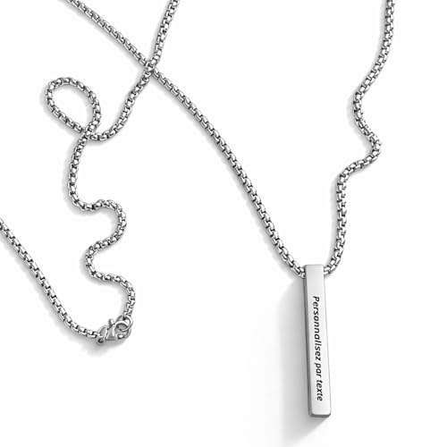 Sophon - Collier Personnalisé avec Gravure – Pendentif Barre Verticale 40mm en Acier Inoxydable – Chaîne Homme 60cm ou 70cm, Chaîne Femme 45+5cm – Cadeau...