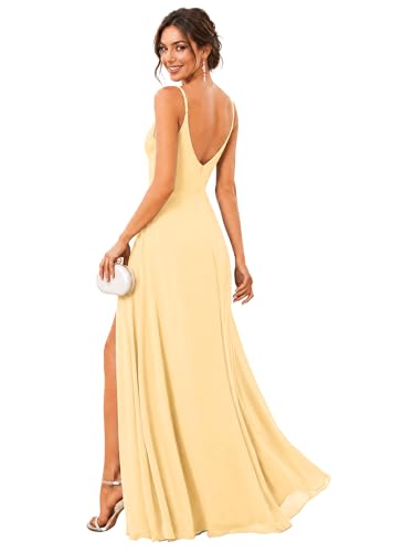 Image of Ever-Pretty Women's Summer Backless Spaghetti Straps Bridesmaid Dresses Chiffon V-Neck Slit Long Formal Wedding Guest Dress