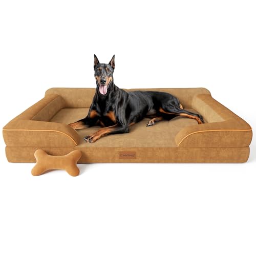 Image of CWAWZ XXL Dog Bed for Extra Large Dogs, Giant Orthopedic Dog Bed with Cooling Gel Memory Foam, Waterproof Pet Bed with Removable Washable Cover, 53 inch Pet Sofa Bed Dutch Velvet with Bone Toy, Brown