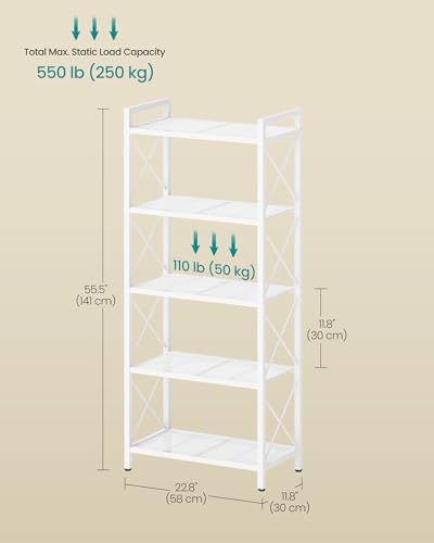 Image of SONGMICS 5-Tier Steel Storage Rack, Shelving Unit with X Side Frames | Dense Mesh, 12.6 x 23.6 x 57.3 Inches, for Entryway, Kitchen, Living Room, Bathroom, Cloud White UBSC165W01