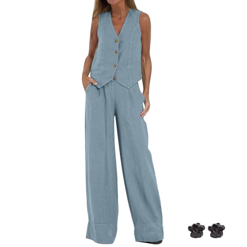 Summer Linen Two Piece Women Button Down Sleeveless V Neck Blazer Vest Wide Leg Pant Sets Business Suits