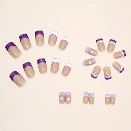 French Press On Nails Medium Square Fake Nails Blue White French Tip With Heart Glitter Design Stick On Nails Full Cover Nude False Nails Glossy Daily Wear Artificail Nails For Women Girls 24Pcs #TOP2