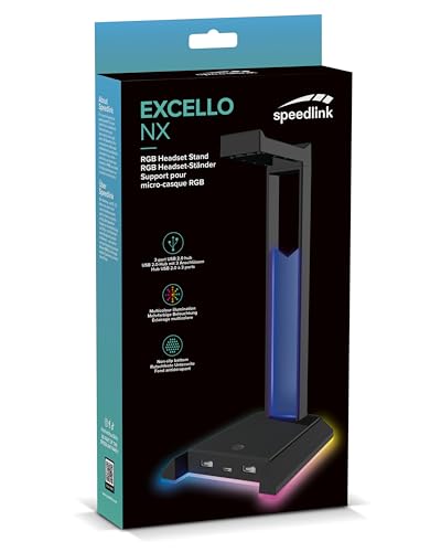 Speedlink EXCELLO NX Gaming Headset Halterung RGB - Headsetständer mit LED Beleuchtung, 9 Beleuchtungsmodi, USB Hub 2.0 mit 1 USB-C und 2 USB-A Ports, Kopfhörerständer, Kopfhörerhalterung, schwarz