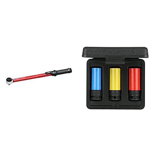 GEDORE red Drehmomentschlüssel für Links- und Rechtsgewinde, 1/2 Zoll, 40-200 Nm, Rot/Schwarz & red Kraftschrauber-Steckschlüssel-Satz mit Schonhülsen, 3-teilig, 17/19/21 mm, Tiefenanschlag