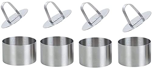 Defemim Round Cake Rings Cake Molds Set of 4, Stainless Steel Mousse and Pastry Mini Baking Ring Mold, Food Rings Dessert Rings Set Including 4 Rings & 4 Food Presses (4 Round)