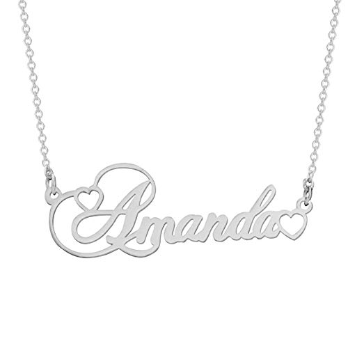 925 Sterling Silver Personalized Name Necklace Name Plate Necklace Custom Any Name with Hearts Engraved Initial Nickname Classic Name Neckalce for Women Girls (Silver, sterling-silver)