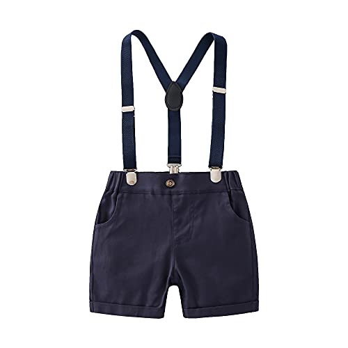 Baby Boys Gentleman Outfits Suits, Infant Blue Stripe Shirt+Navy Shorts+Bow Tie+Suspender Clothes Set,9-12M #TOP2