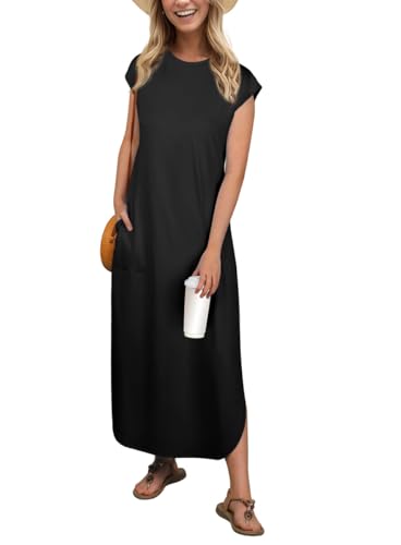 PrinStory Maxikleid Für Damen Ärmelloses Sommerkleid Mit Taschen Elegante Strandkleid Mit Schlitz Rundhals Freizeitkleider (Schwarz,M)