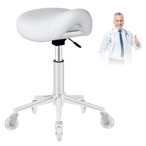 Image of Saddle Stool Heavy Duty 400lbs - Ergonomic Thick Saddle Seat Cushion, Easy Height Adjustable, Healthy Posture No Pain, Smooth Rolling No Creaky Noises, Rolling Saddle Stool Chair with Wheels (White2)