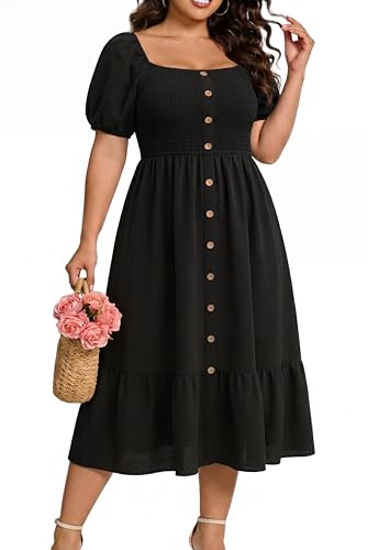 Image of Plus Size Summer Dresses - Boho Casual Wedding Guest Midi Flowy Short Sleeves Smocked Button Down Dress for Curvy Women