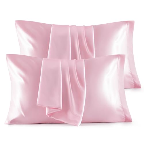 Image of Bedsure King Size Satin Pillowcase Set of 4 - Pink Silky Pillow Cases for Hair and Skin, 20x36 Inches, Pillow Covers with Envelope Closure, Similar to Silk, Gifts for Women & Men