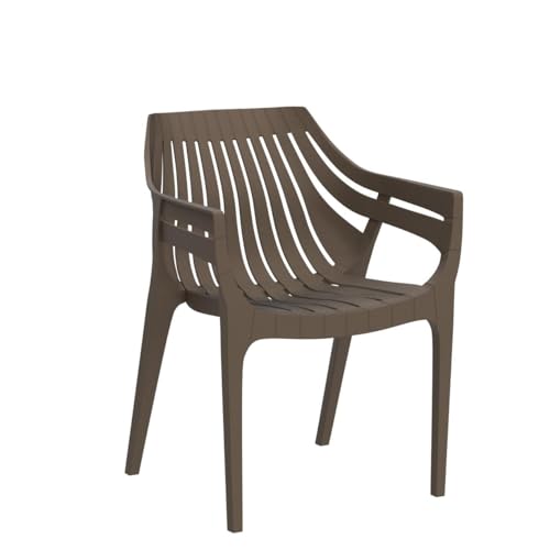 Image of OAKNEST Supreme Spectrum Plastic Arm Chair - Modern Slatted Stackable Chair for Living Room, Dining, Garden, Balcony, Restaurant & Cafe | Indoor Outdoor Designer Chair, Set of 2, Dark Beige