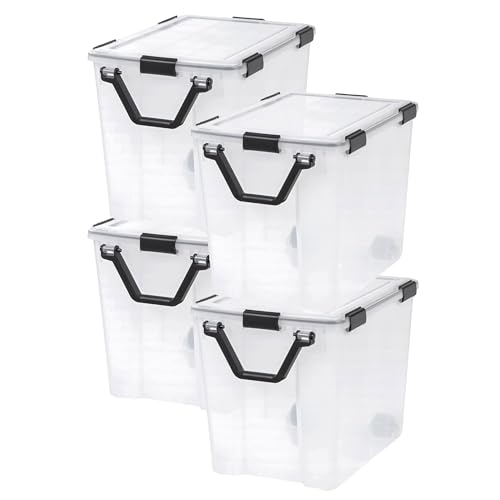 Image of IRIS USA WeatherPro 103 Qt Storage Bins with Lids, 4 Pack, BPA-Free Plastic Gasket Box with Tight Latch and Seal, Stackable Nestable Tote Tub - Clear /Black