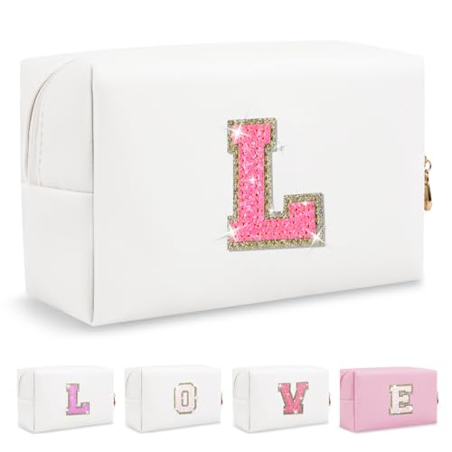 Small Personalized Initial A-Z Patch Makeup Bag,White Cute PU Leather Glitter Letter Cosmetic Bag for Teen Girls,Travel Toiletry Bag with Zipper,Preppy Monogrammed Birthday Gift for Daughter Niece L