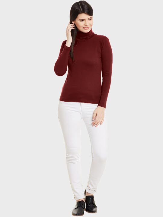 Image of Stylish Black Turtle Neck Cotton Solid Tshirt for Women