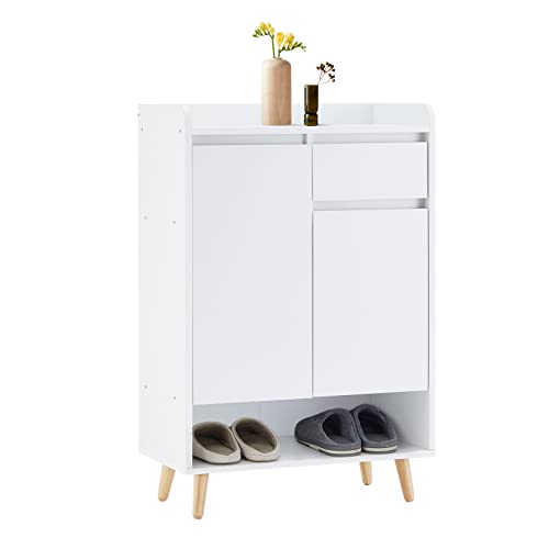 LEMROE Zapatero de madera con 2 puertas, organizador de zapatos de 5 niveles con 1 cajón y 5...