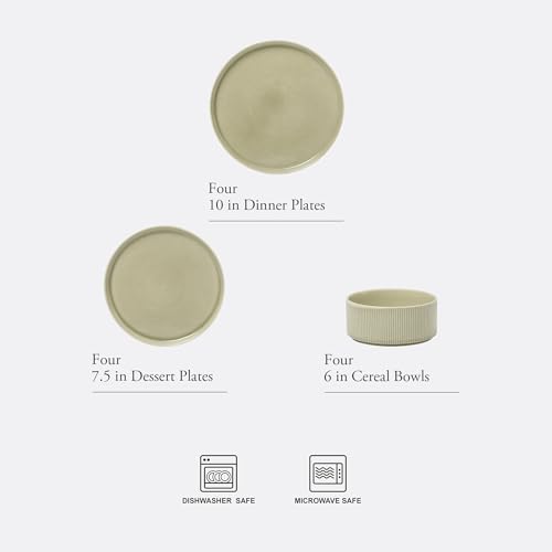Image of Gibson Elite Solana Coast 12 Piece Stoneware Reactive Glaze (Service for 4) Ceramic Plates and Bowls Modern Shape Embossed Dinnerware Set - Green