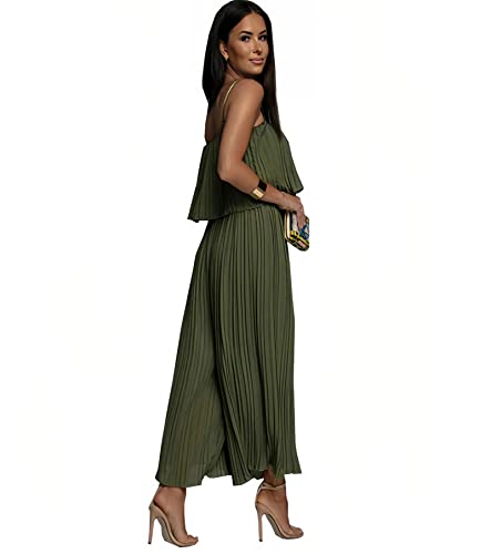 Loopfkl Jumpsuits For Women Dressy Casual Pleated Summer Jumpsuits Dressy Wide Leg Sleeveless Elegant Pants Rompers (Green, M) #TOP1