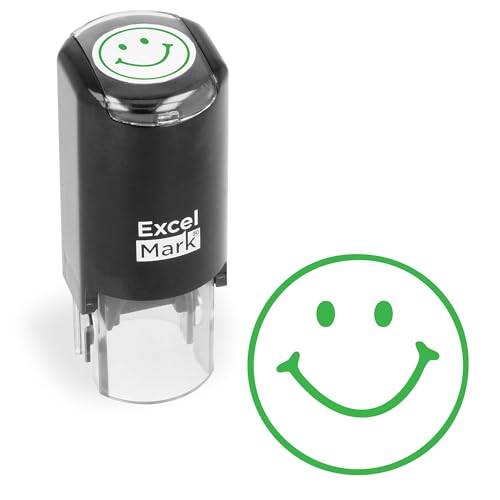 ExcelMark Round Teacher Stamp - Smiley FACE 1 - Green Ink