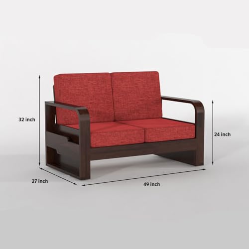 Image of Solid Sheesham Wooden 4 Seater Sofa Set for Living Room | Sofa Set with Side Pocket Storage & Cushion | Rosewood Sofa Set for Home (Walnut with Red Cushion, 4 Seater)