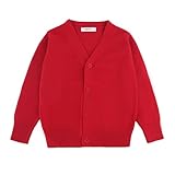 chickiddos Unisex Uniform Cardigan for Girls Boys, Button Down V-Neck Long Sleeve Cotton Sweaters for 5-14Y (US, Age, 9 Years, 10 Years, RED)