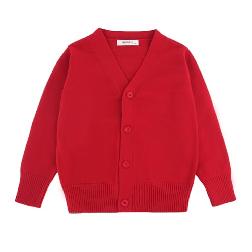 chickiddos Unisex Uniform Cardigan for Girls Boys, Button Down V-Neck Long Sleeve Cotton Sweaters for 5-14Y (US, Age, 9 Years, 10 Years, RED)