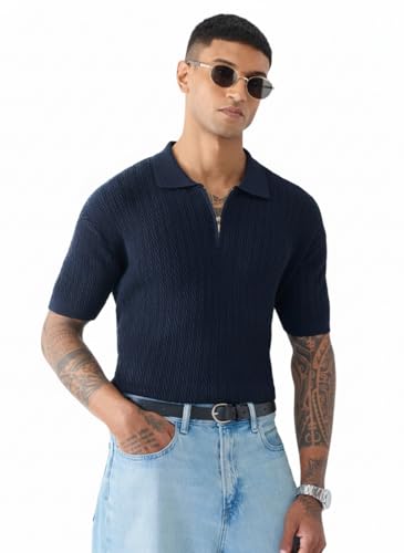 Image of The Souled Store Jacquard Polo: Midnight Wave Men and Boys Short Sleeve Spread Collar Navy Blue Solid Cotton Casual Everyday Officewear Regular Fit Polos