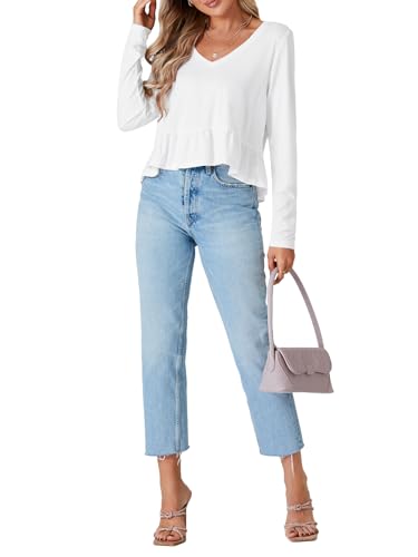 Vrtige Women's Casual V Neck Long Sleeve Peplum Ruffle Hem Babydoll Blouse Shirt Crop Top4