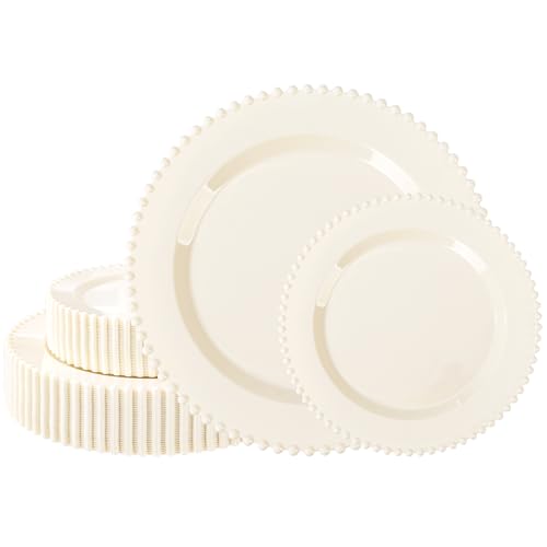 U-QE 60PCS Ivory Plastic Plates - Beaded Ivory Plates Disposable Heavy Duty - Perfect for Party, Baby Shower, Wedding, Birthday - Include 30PCS 10inch Dinner Plate & 30PCS 7inch Dessert Plate