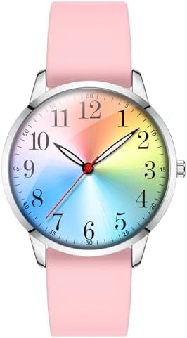 Letoff Girl's Analog Watch Rainbow Dial with Arabic Numerals, with Pink Band, Water Resistant 30M, White Dial